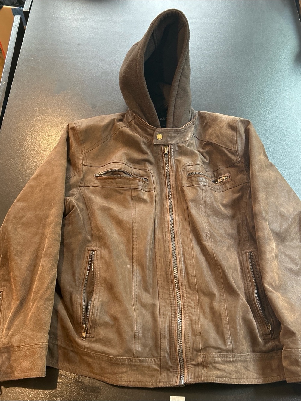 Black Rivet Brown Suede Hooded Bomber Jacket